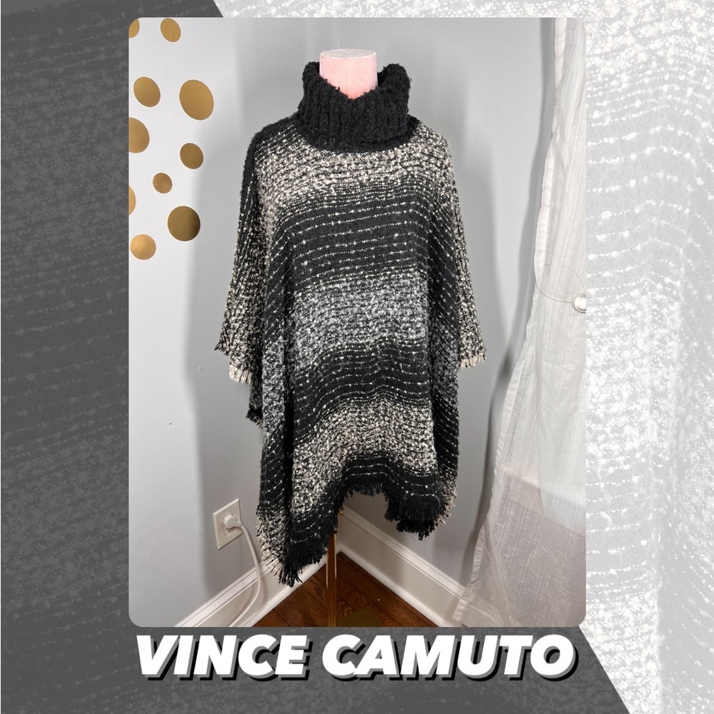 Vince Camuto Black & Gray Turtleneck Knit Poncho